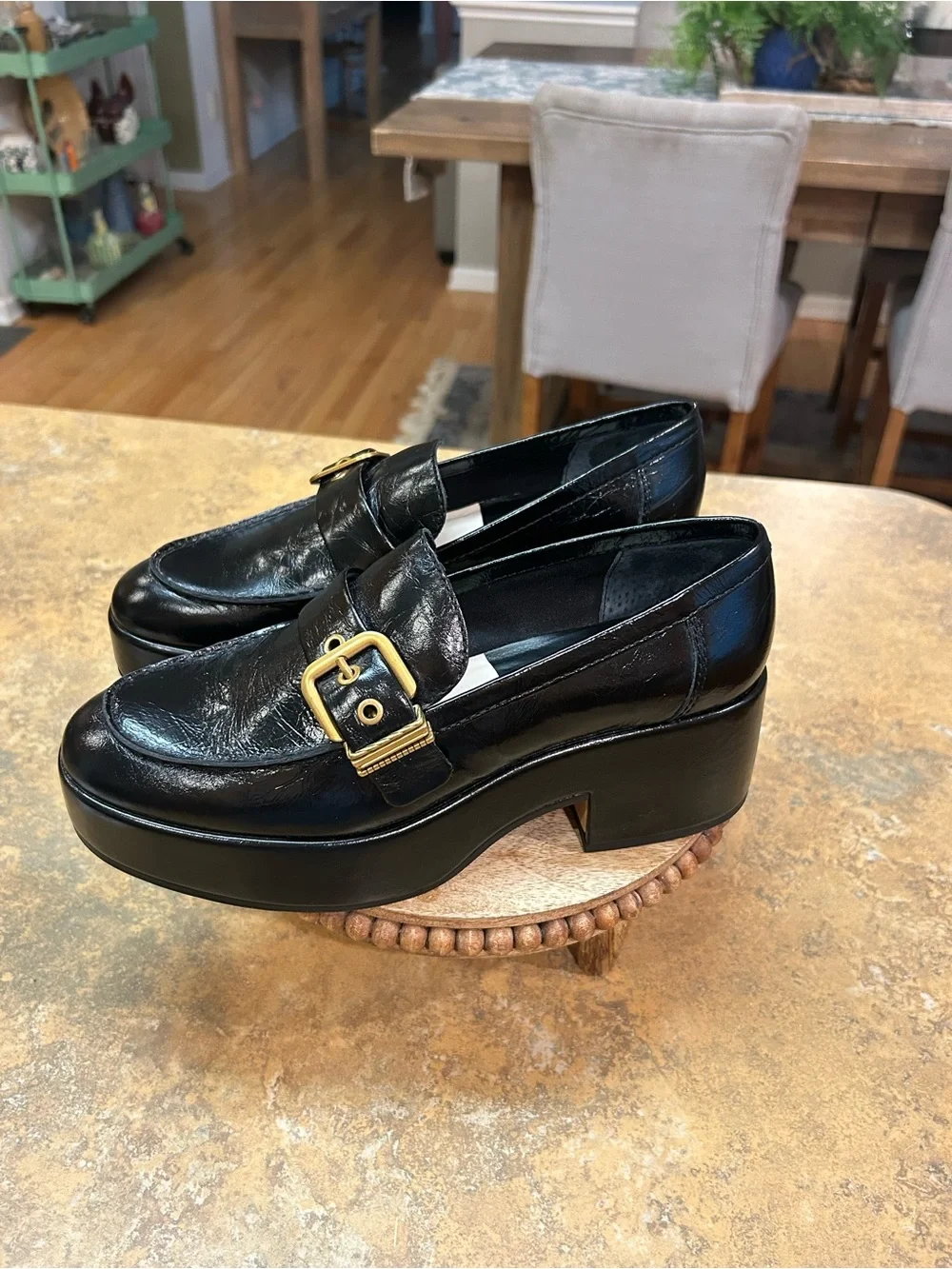 Anthropologie /Dolce Vita Yonder Black Platform Loafer with Gold Buckle